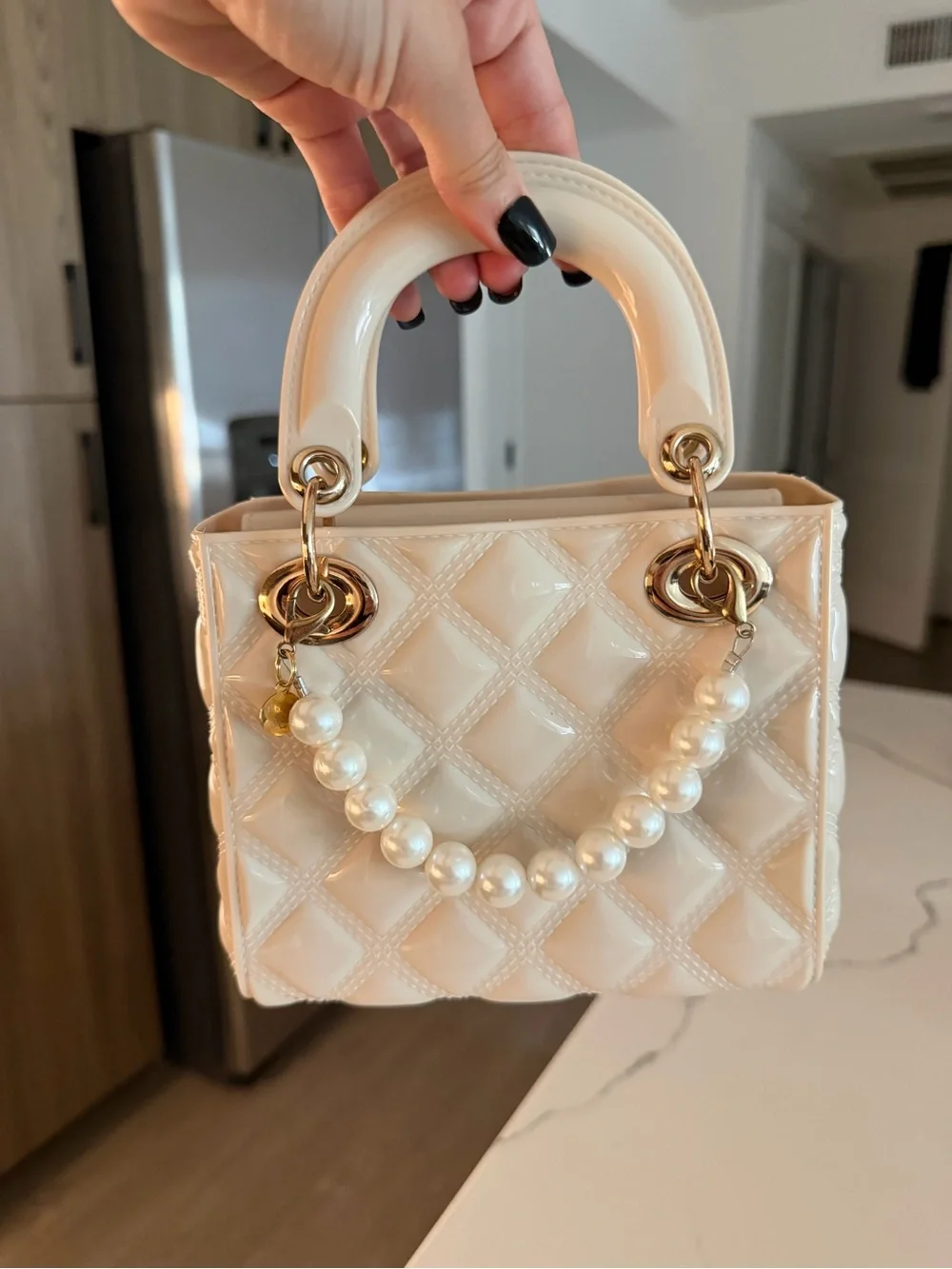 Ivory Quilted Patent Top-Handle Kids Bag with Charm Chain